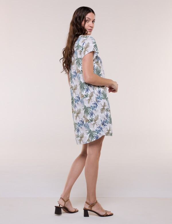 Vestido Corto Lino Cuello Camisa MULTI/AZUL