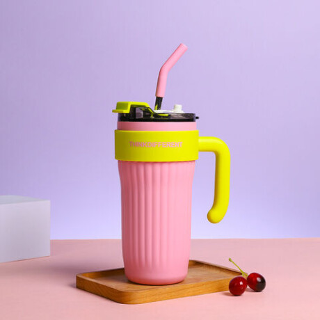 Vaso térmico con agarre y sorbito bi color Rosado