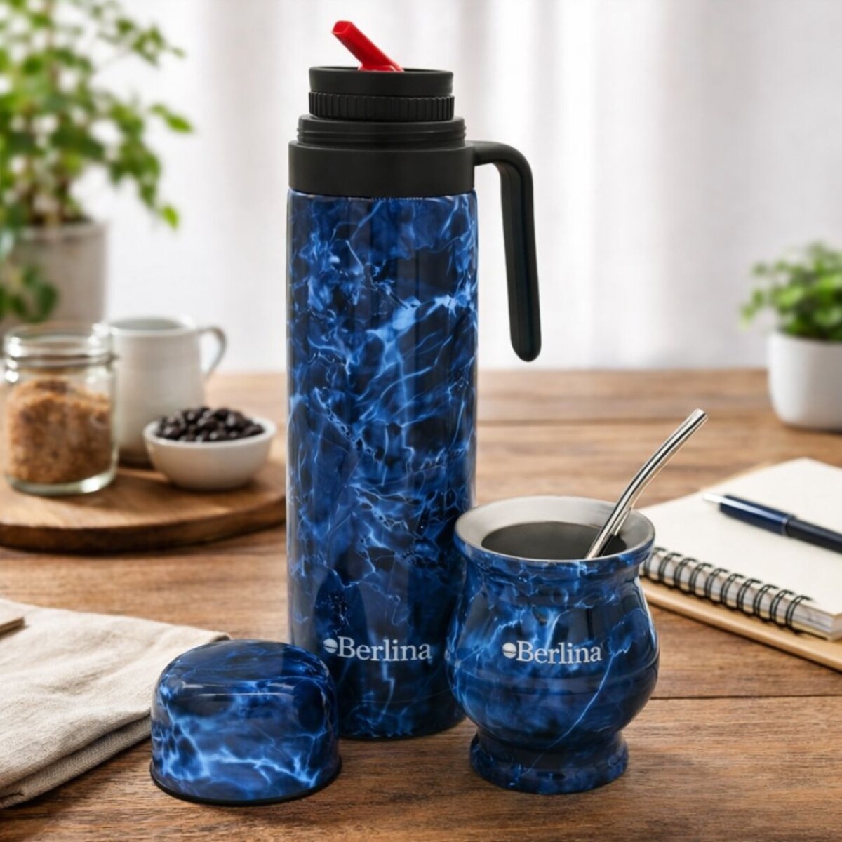 PACK DE TERMO, MATE Y BOMBILLA BERLINA 1 LITRO AZUL MARMOL 