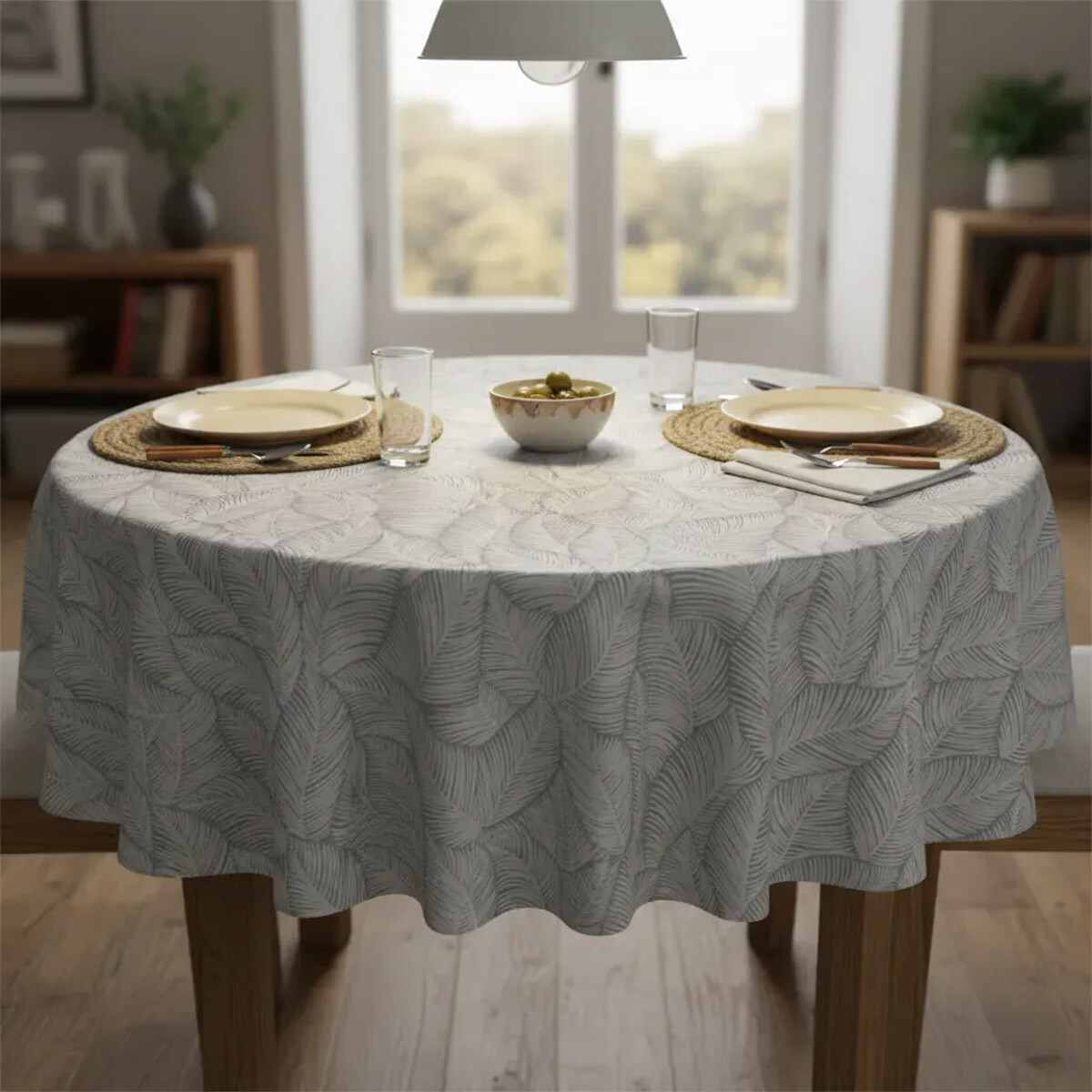 Mantel Redondo Waterproof Home Class 160 cm - 3681 HOJAS GRIS 
