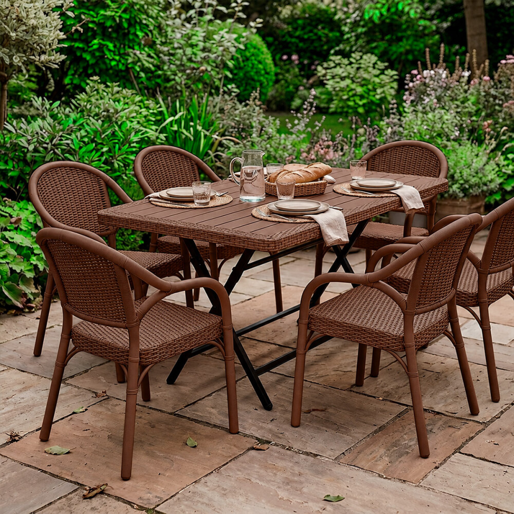 Mesa Comedor Plegable Exterior 1.20m + 6 Sillas Jardin Marrón