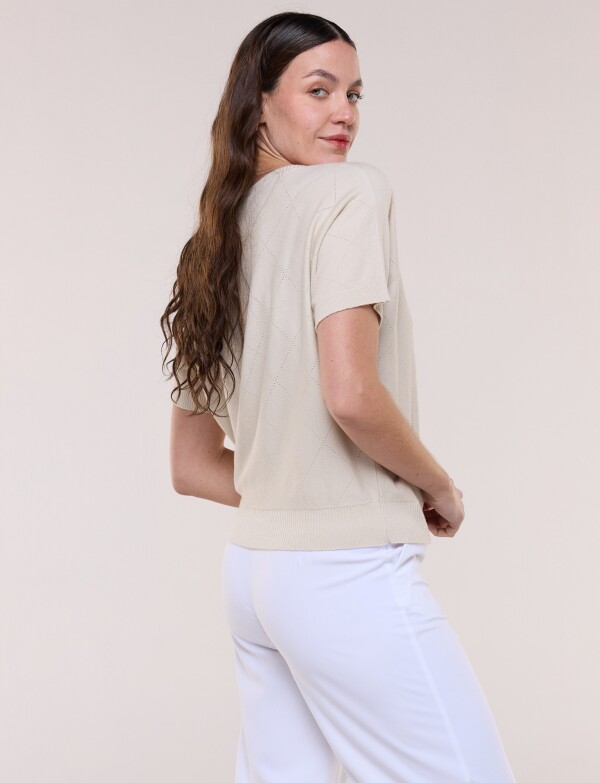 Buzo Tejido Fino Manga Corta Calado Rombos BEIGE