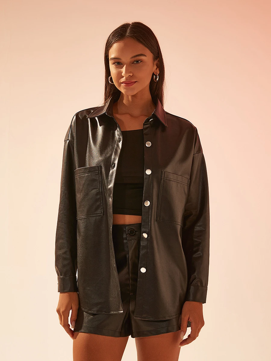 CAMISA ECO CUERO MANGO - NEGRO 
