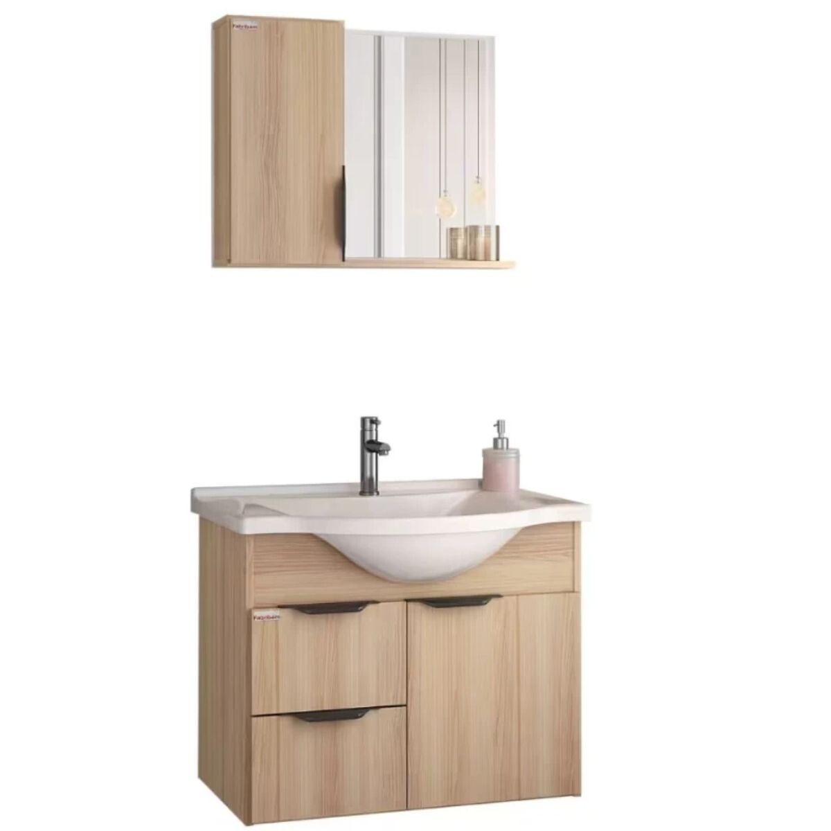 Mueble De Baño Suspendido Crystal Roble 56 Cm Bacha De Resina Natural Y Espejo Con Botiquín 