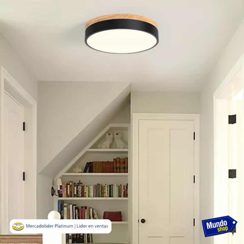 Luminaria Plafon Led Diám 30cm 18w Metal Y Madera Circular Negro