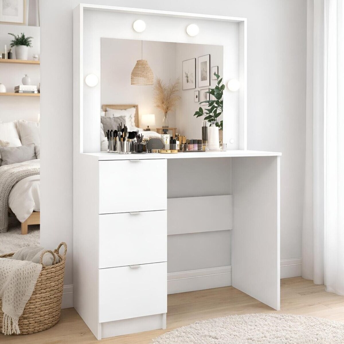 Tocador de Maquillaje Vanity con Espejo 3 Cajones y Porta Lámparas - Blanco 