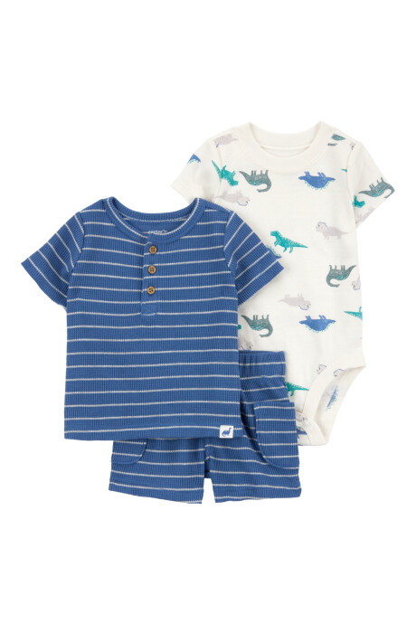 Set tres piezas de algodón, short, remera henley y body, diseño dinos Sin color