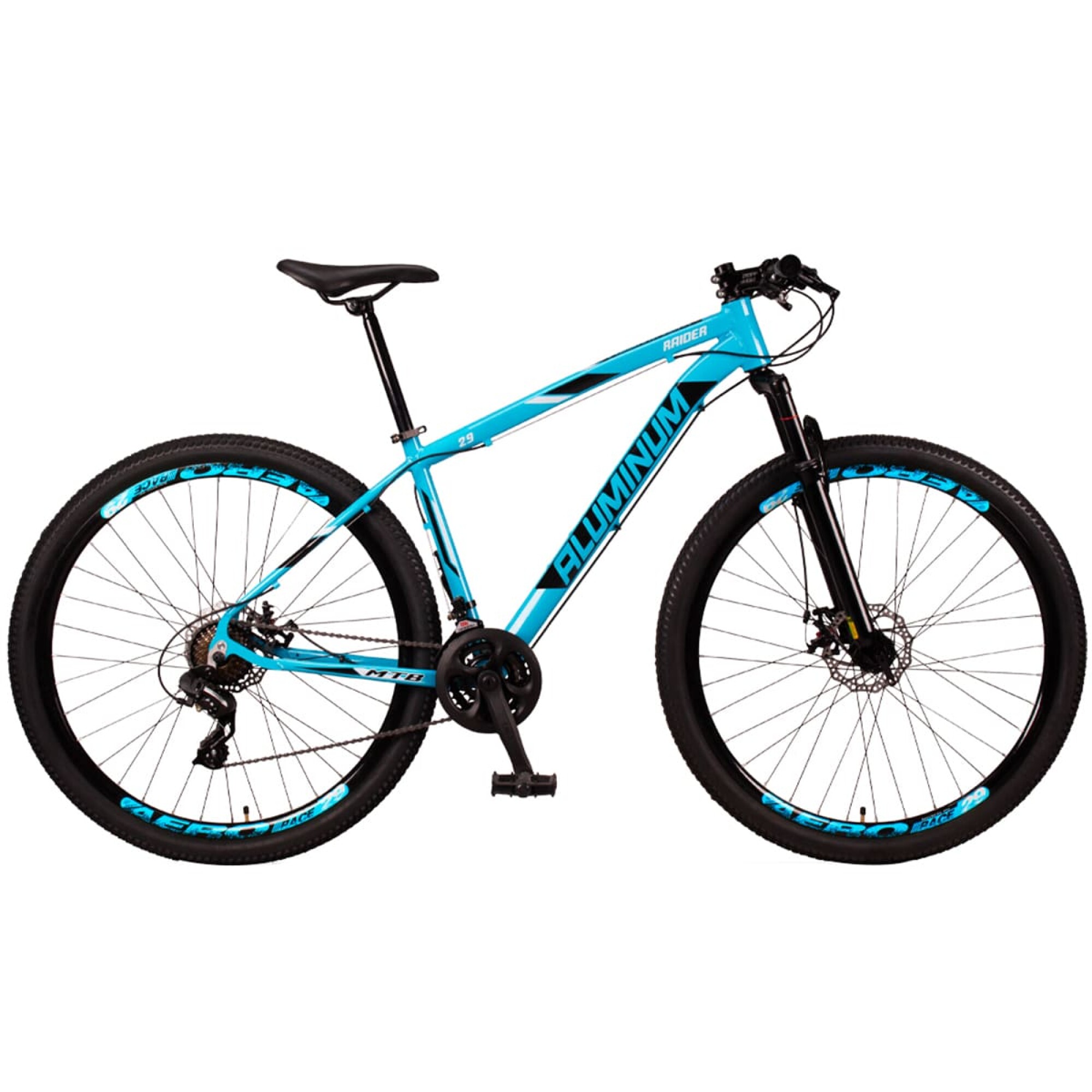 Nueva bicicleta de montaña con ruedas de 29 pulgadas y marco azul aislado  sobre fondo blanco.