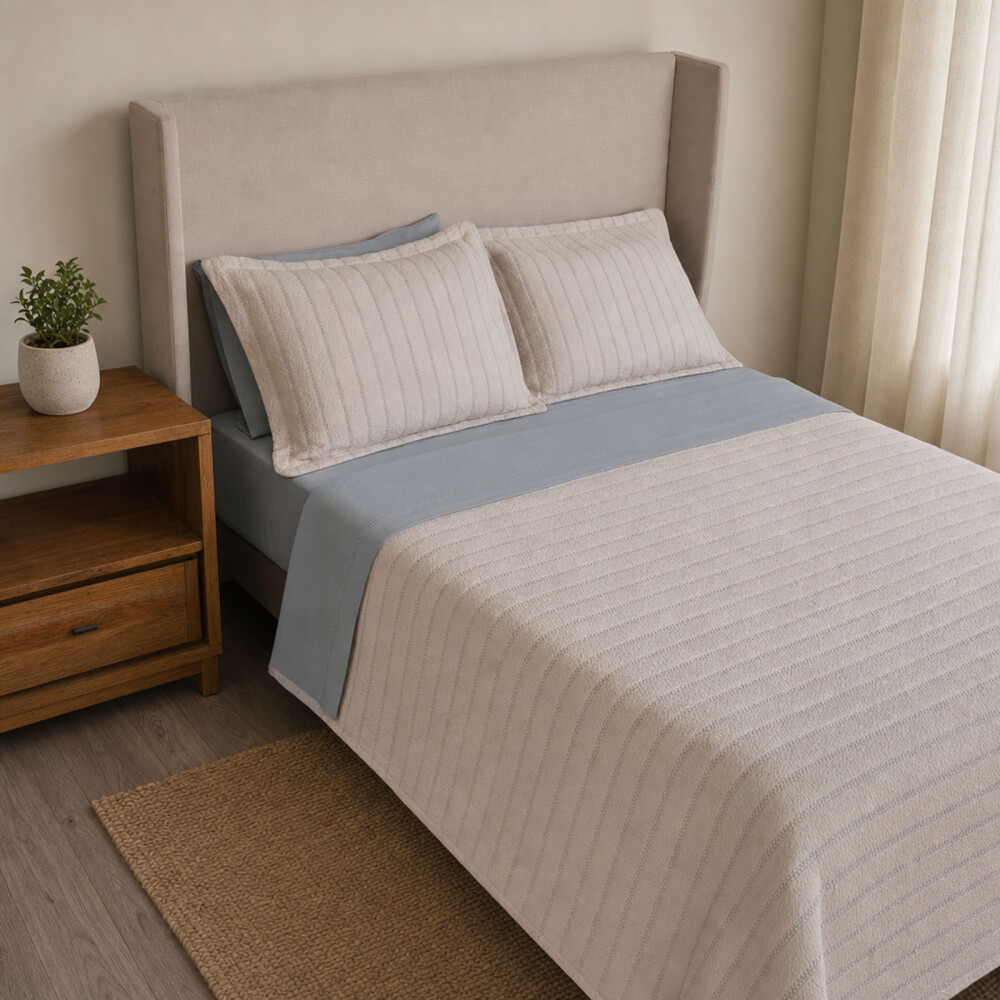 SET CUBRECAMA QUEEN POLIESTER NATURAL-BEIGE TRAMA ARENA