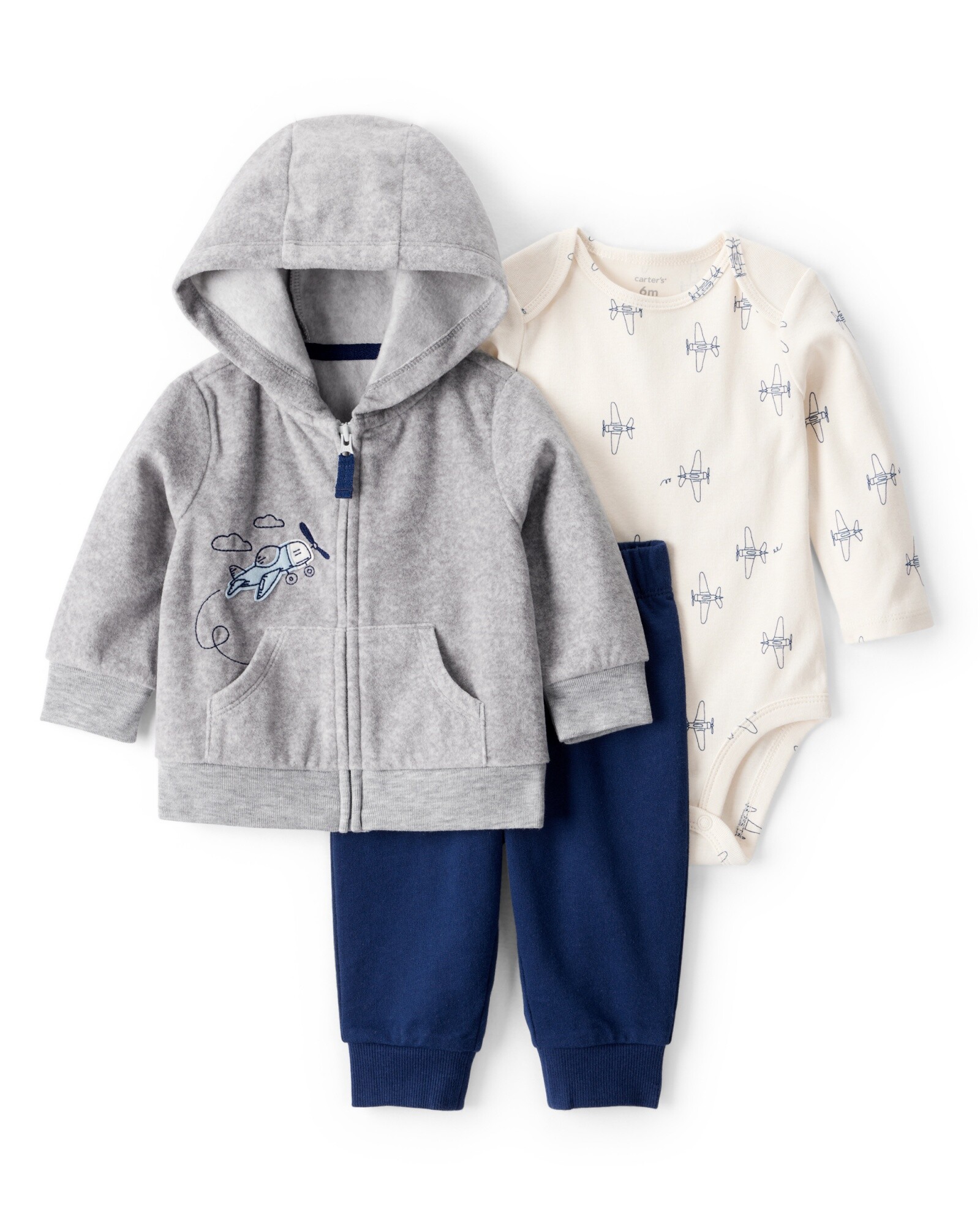 Set tres piezas, campera de micropolar, pantalón y body, diseño avionetas Sin color