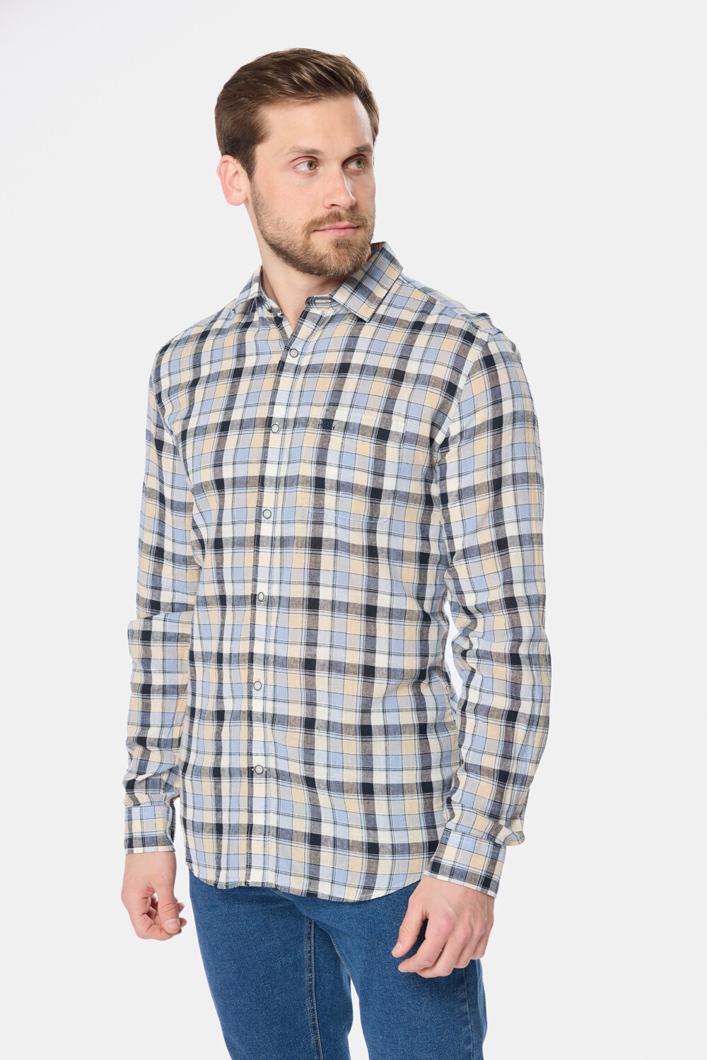 CAMISA DE LINO A CUADROS Azul