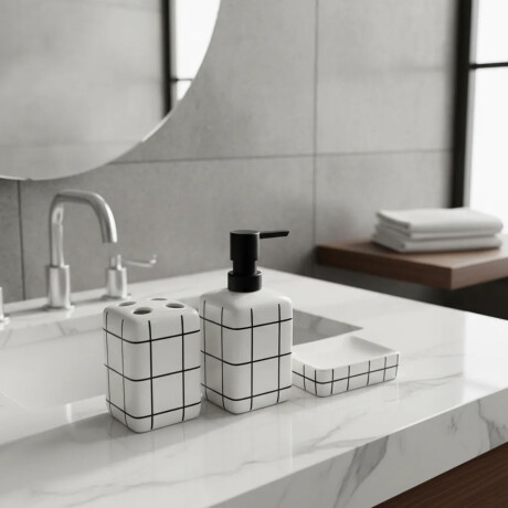 Set Baño 3Pzas Cuadriculado Cerámica Jaboneras Portacepillos Blanco/negro