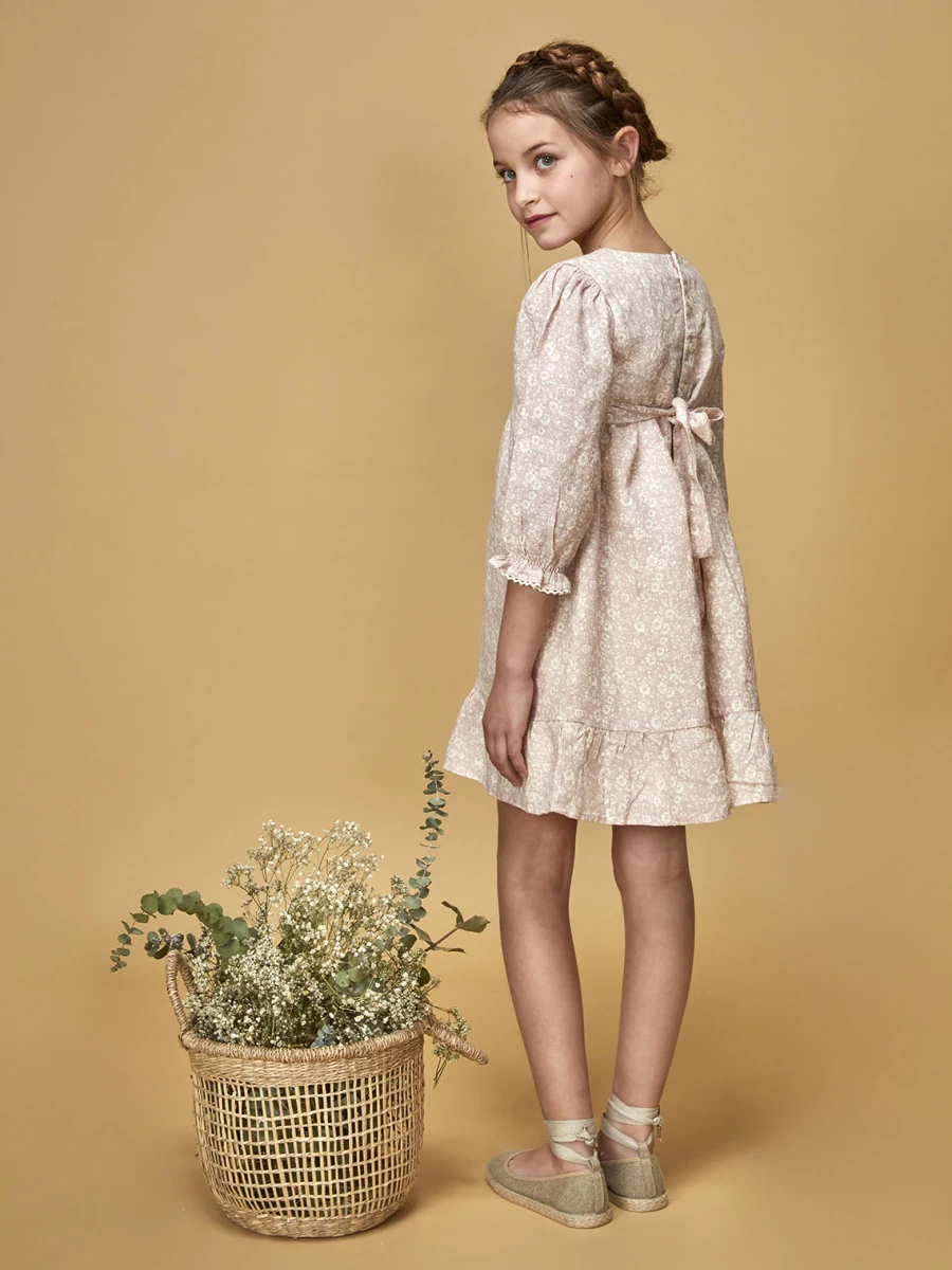 Vestido Lino Estampado Flores Rosa Suave