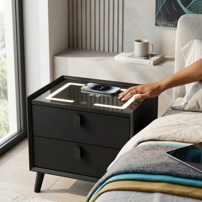 Mesa De Luz Inteligente C/Cargador Inalám Y Luz Led Negro