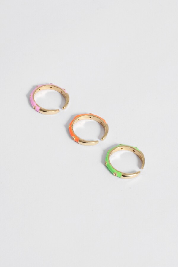 Set de tres anillos finos ajustables strass cobre multicolor