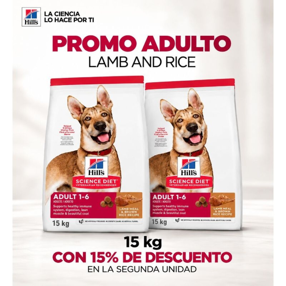 PROMO - Hill’s Science Diet Adult Lamb Meal & Brown Rice Recipe 15 kgs + 15% Descuento en la 2da Unidad! 