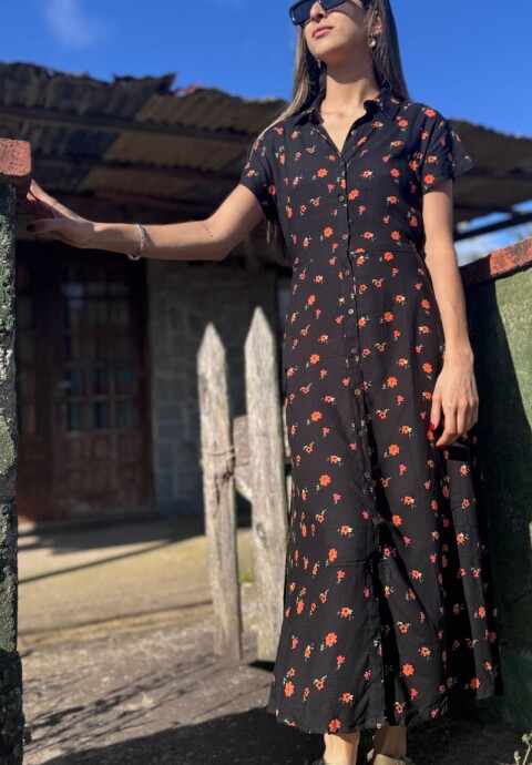 Vestido camisero largo Negro y naranja