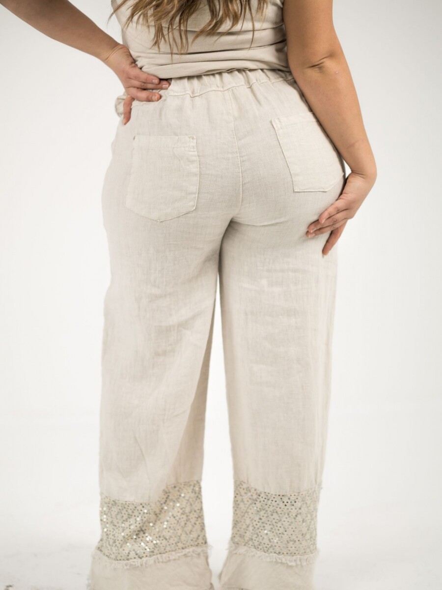 Palazo 100% lino con lentejuela y flecos Beige