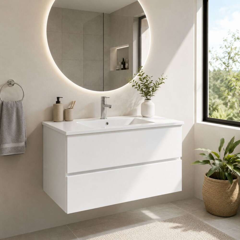 Mueble de baño suspendido Blanco 80 cm con bacha de loza Mueble De Baño Suspendido Blanco 80 Cm Con Bacha De Loza
