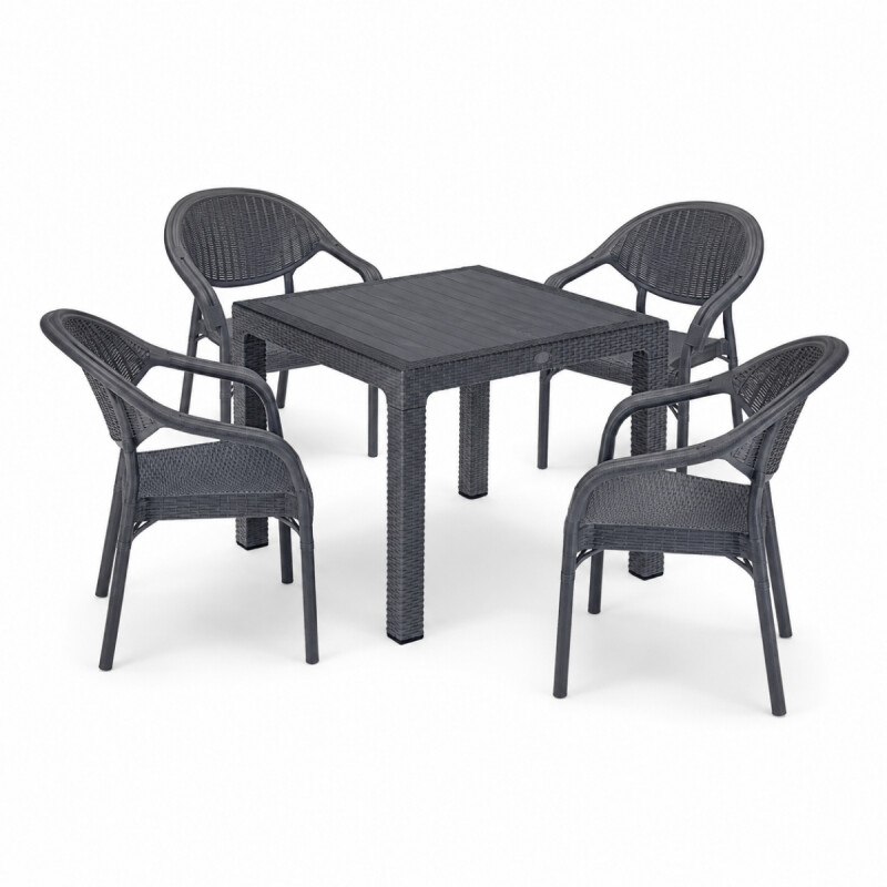 Mesa ratán 90x90+ 4 sillas sin apoya brazos GRIS