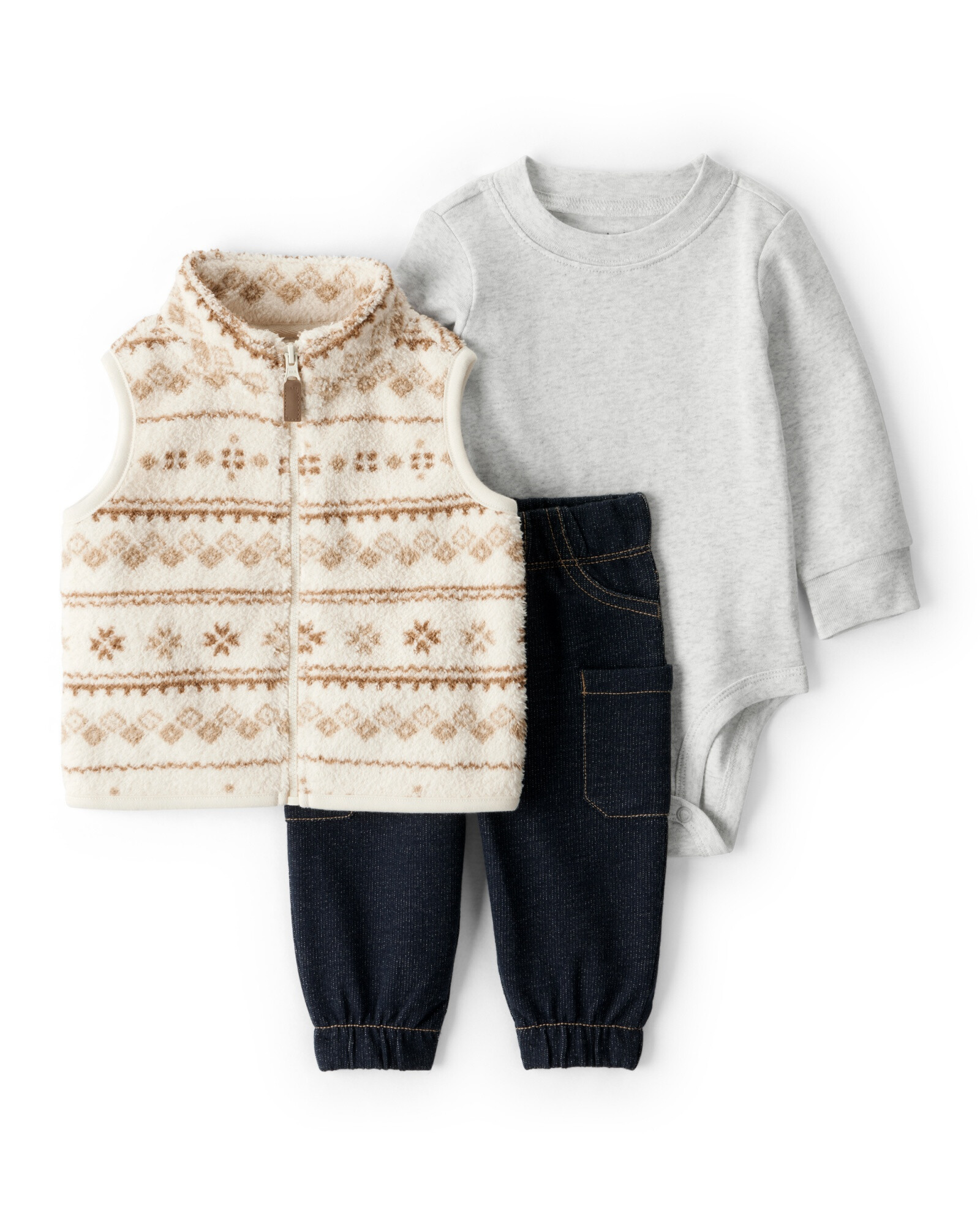 Set tres piezas, chaleco de sherpa, pantalón jean y body de algodón Sin color