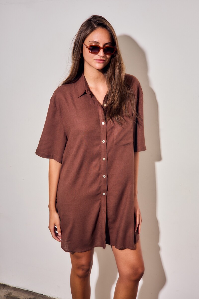 Vestido Camisero Con Lino Marron