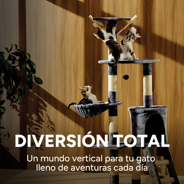 Rascador Torre 5 Niveles En Felpa Y Sisal Para Gato Juego Variante Gris Oscuro Pompom