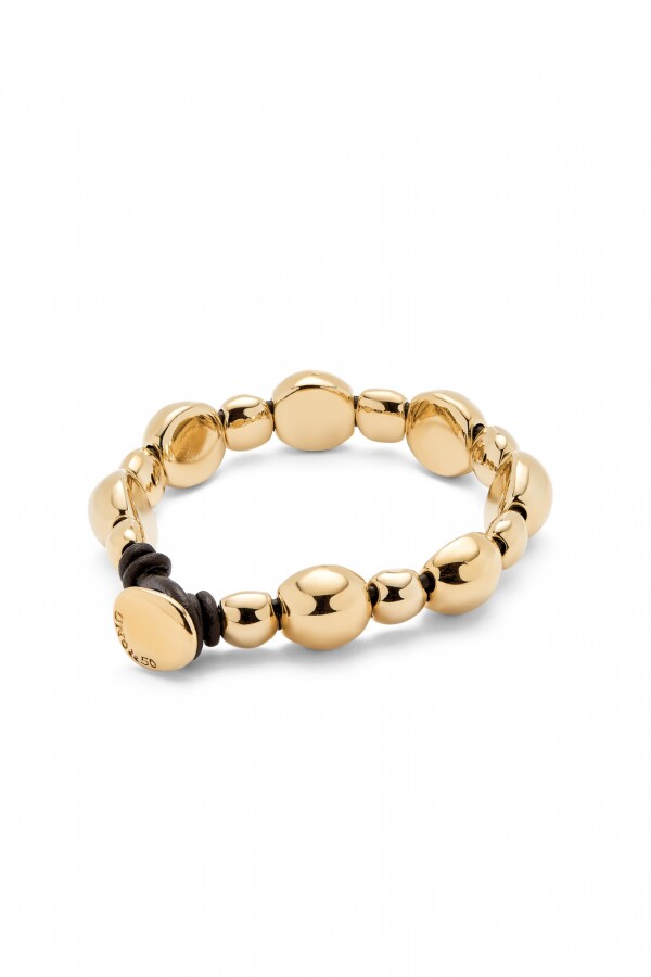 PULSERA DE CUERO CON CUENTAS MEDIANAS Y PEQUEÑAS DE ALEACIÓN DE METALES BAÑADAS EN ORO 18K Pulsera