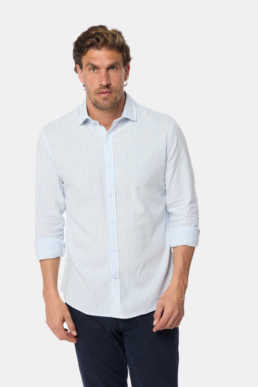 CAMISA DE LINO RAYADA Azul