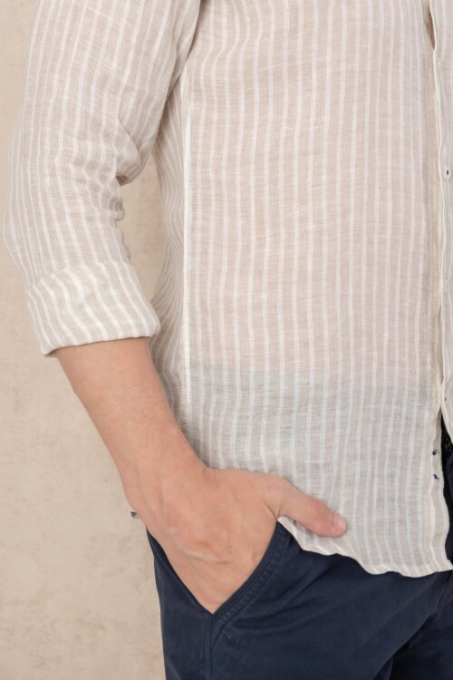 Camisa Lino Short collar Rayas Tostado