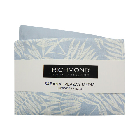 Juego Sábanas 1 Plaza y Media Richmond House Estampadas 100% Microfibra 304 HOJAS CELESTE