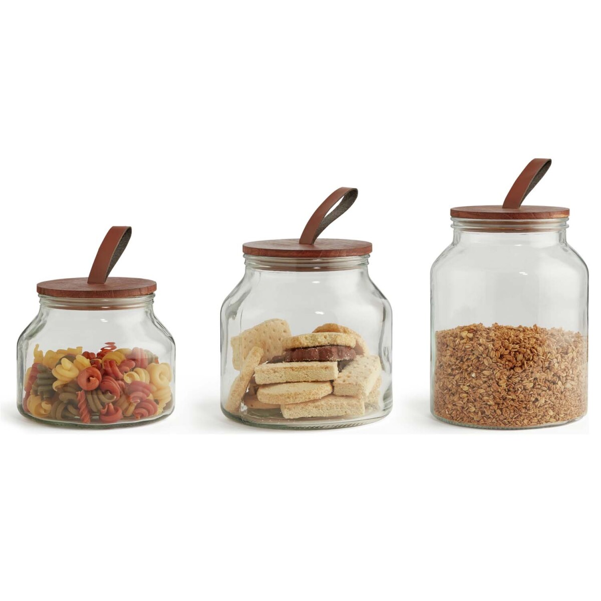 Set X3 Frascos Recipientes en Vidrio con Tapa Madera y Cuero - Transparente 