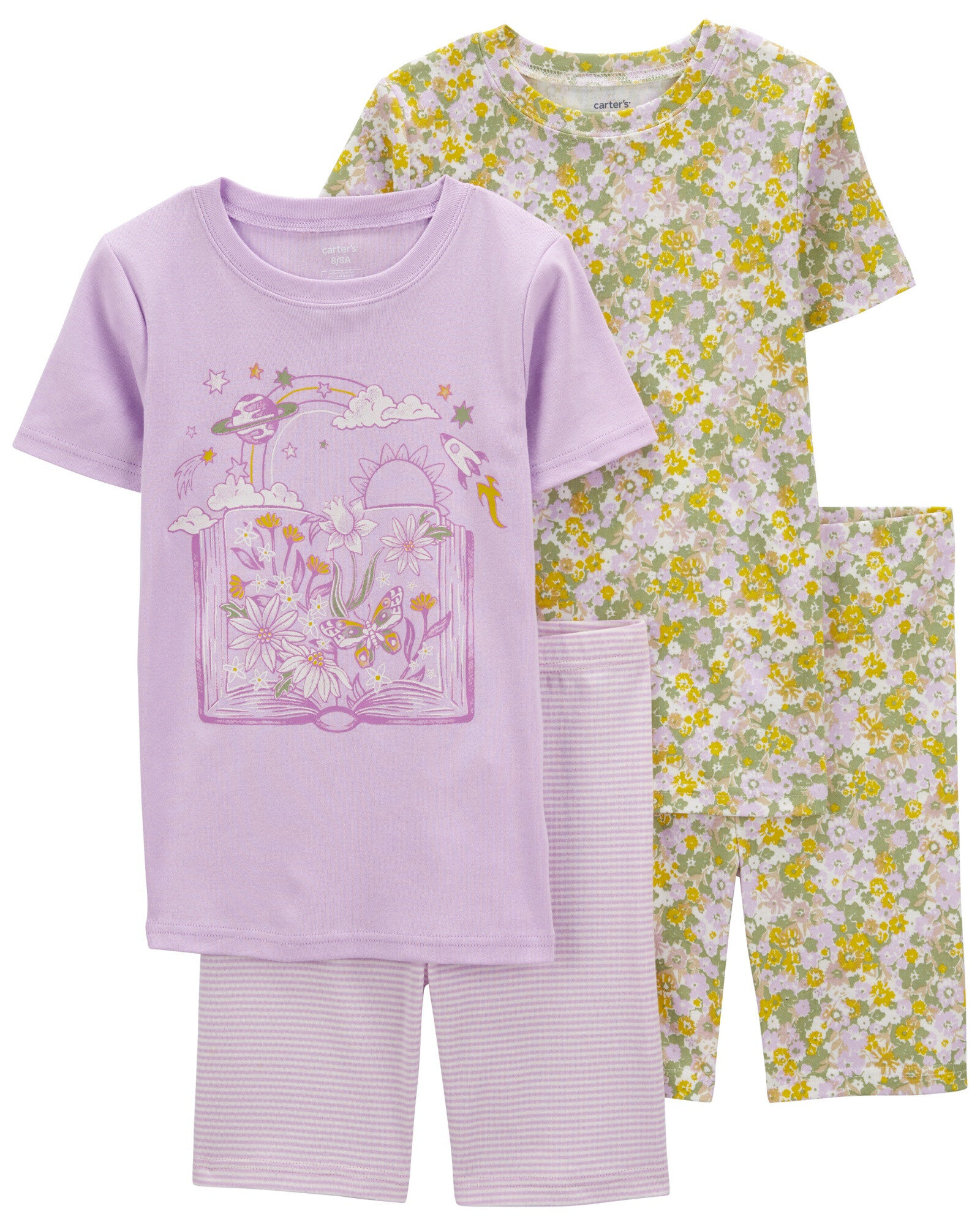 Pijama cuatro piezas de algodón, dos bermudas y dos remeras manga corta diseño floral Sin color