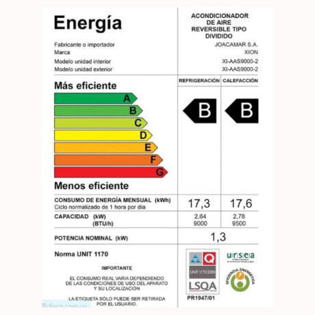 Aire acondicionado XION 18000 BTU On Off