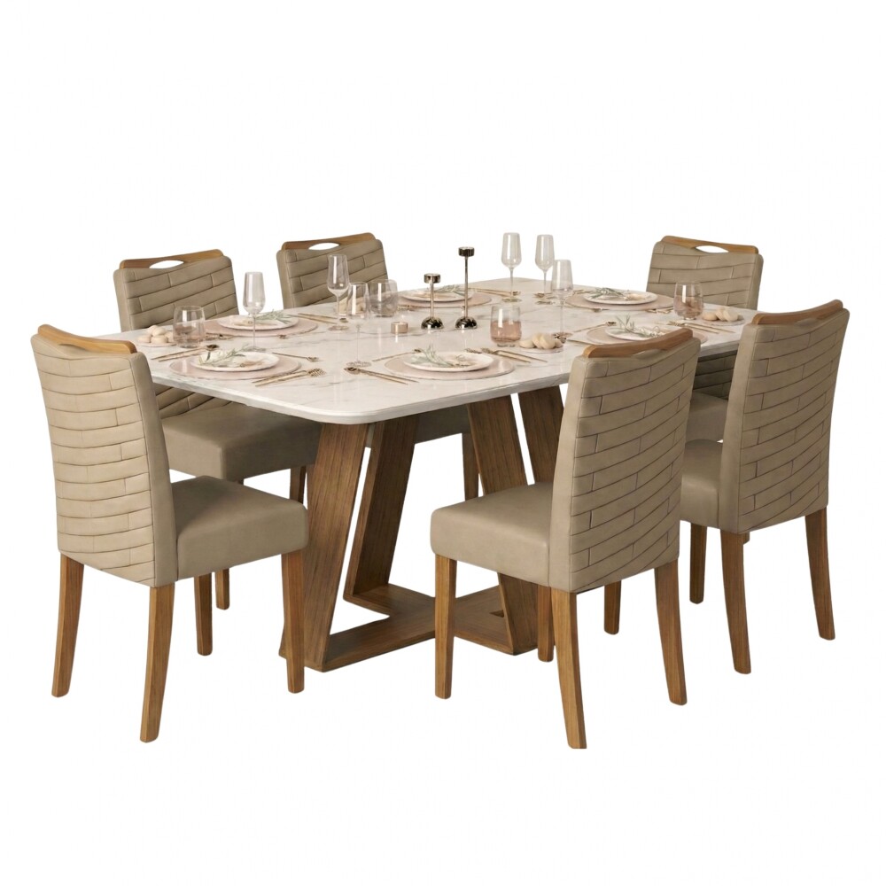 Juego De Comedor - 6 Sillas + Mesa Vidrio - Celeste Marrón | Beige