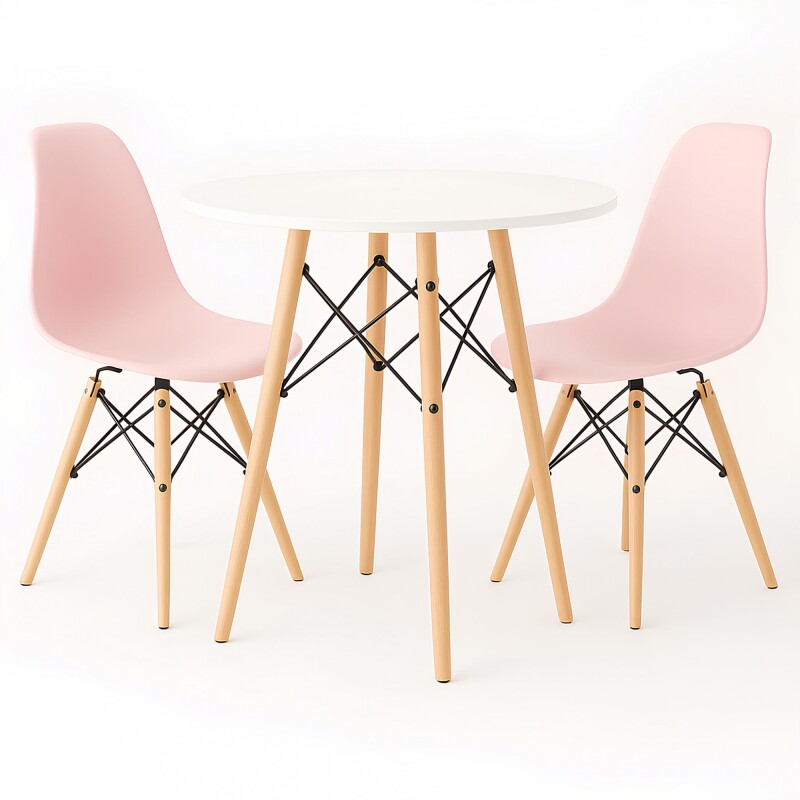 Juego de comedor Con Mesa Circular de 80cm + 2 Sillas Eames Rosa