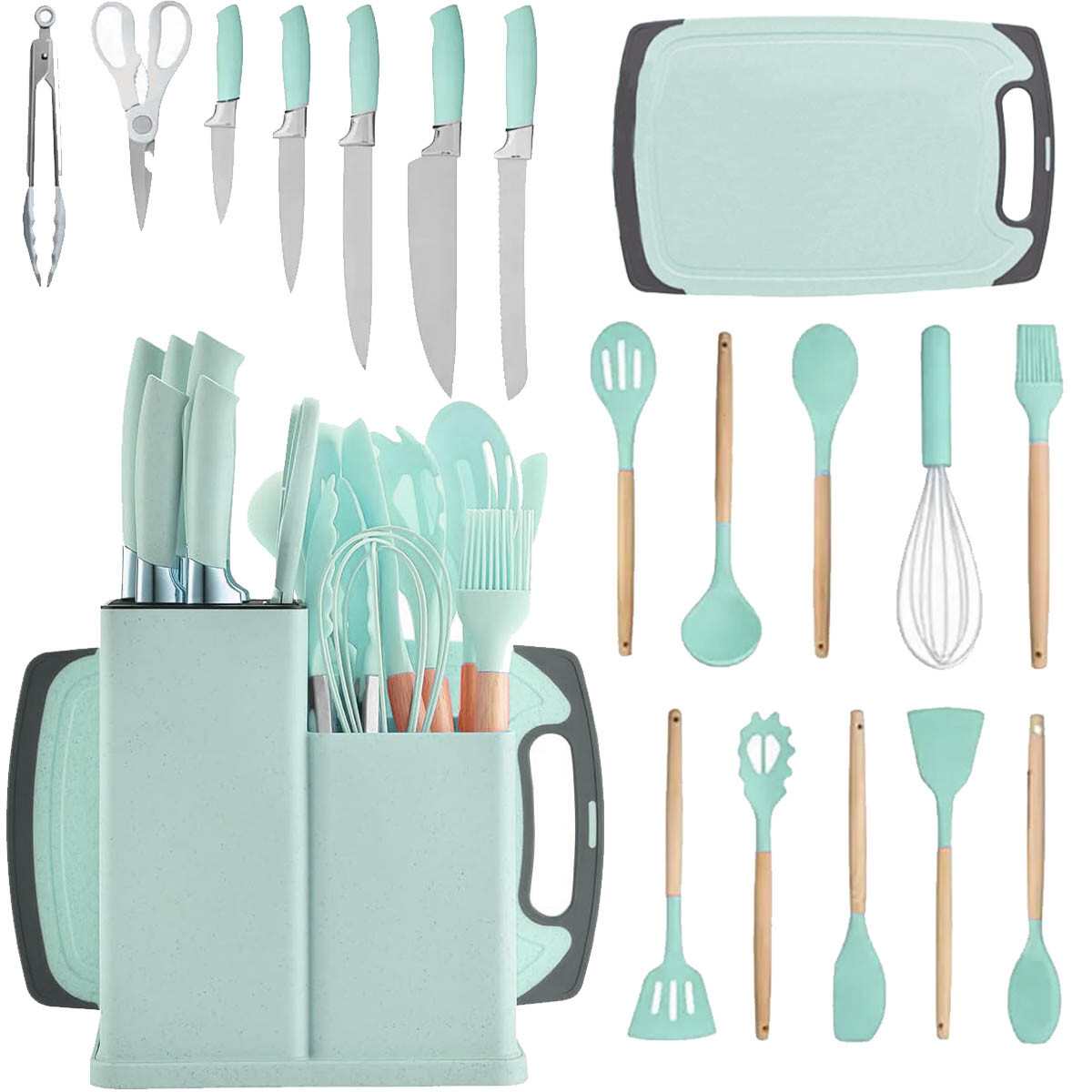 Set X19 Utensilios El Chingón Silicona Antiadherente - Celeste 