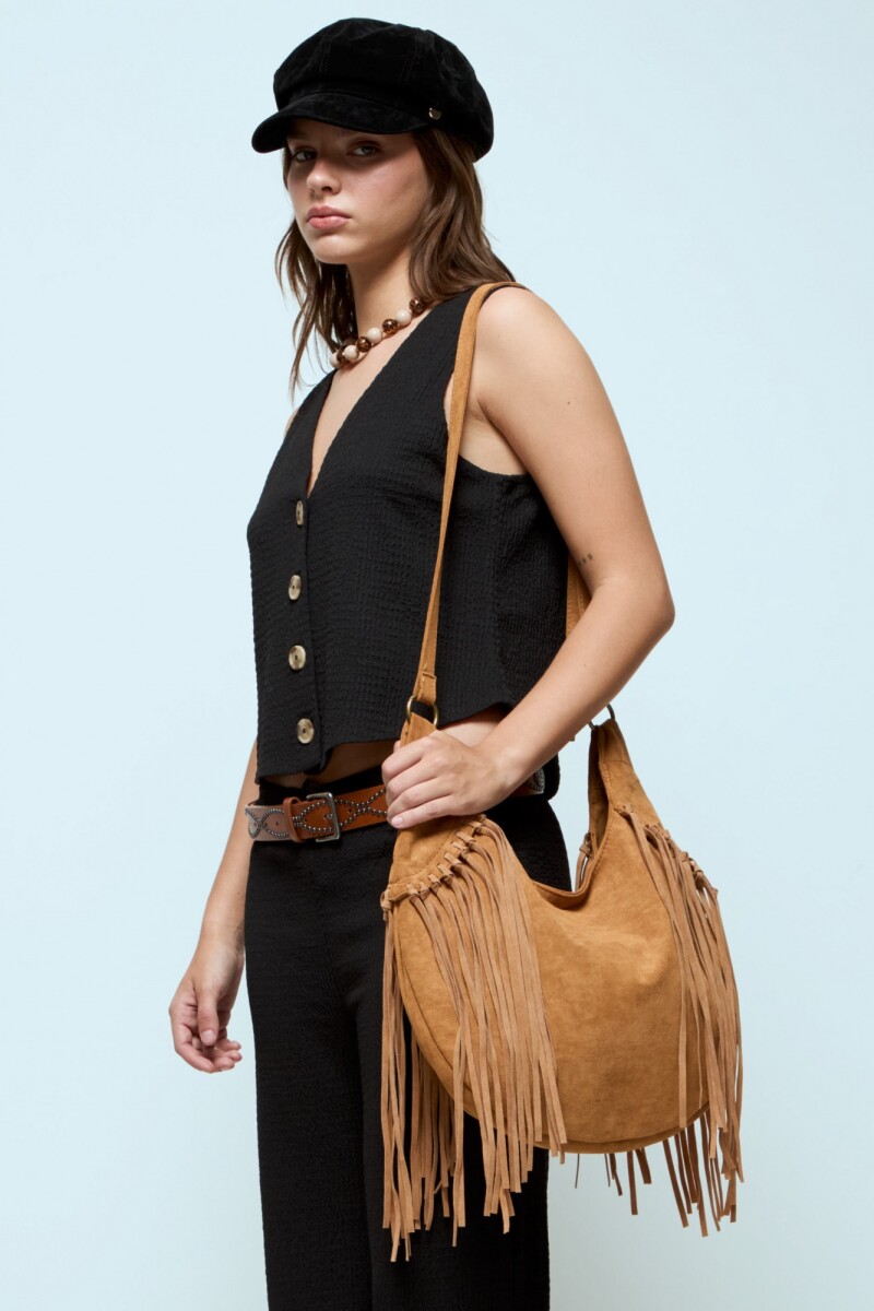 Cartera bandolera suede con flecos - camel 