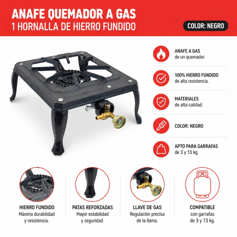 Anafe quemador a gas 1 hornalla de hierro fundido NEGRO
