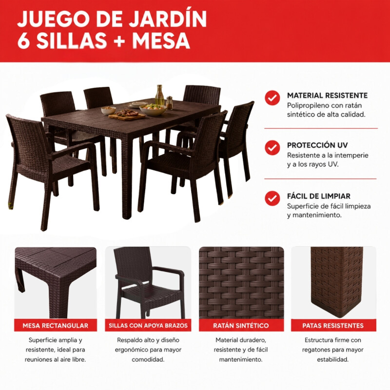Juego de Jardín 6 Sillas + Mesa MARRON
