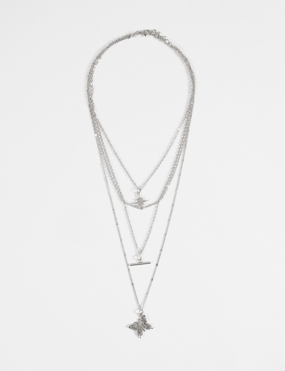 Collar triple dije mariposa - plateado 