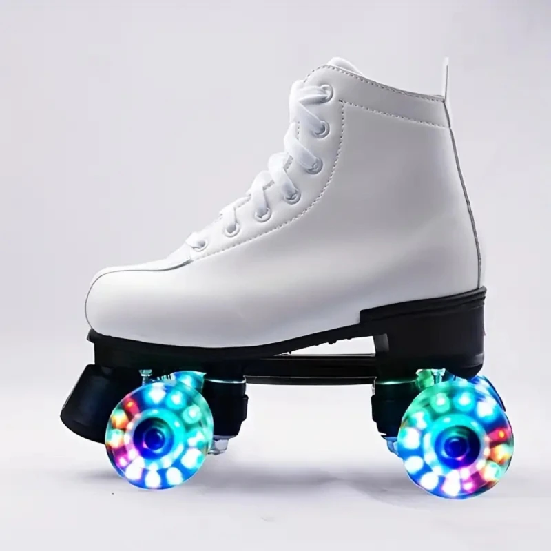 Patines 4 Ruedas Artístico Con Luces Bota De Cuero Blanca Blanco
