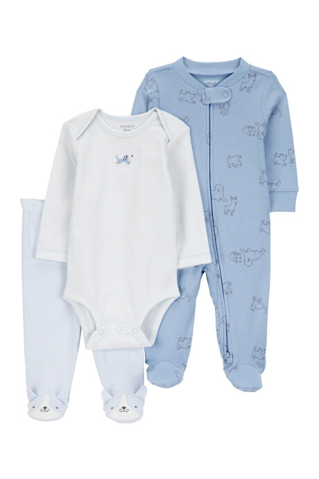 Set tres piezas de algodón, pijama, pelele y body, diseño perro Set tres piezas de algodón, pijama, pelele y body, diseño perro