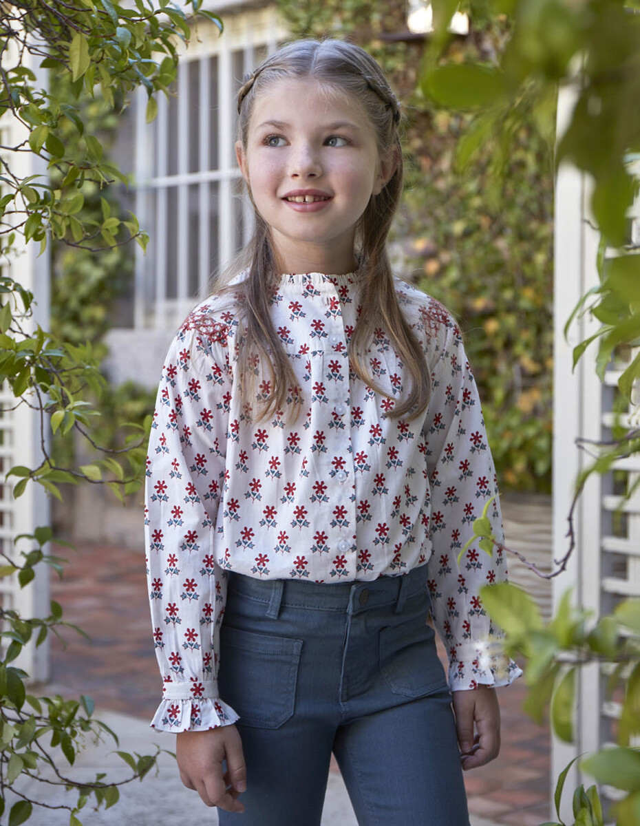 Camisa Estampada Con Bordados En Manga - Blanco Roto 
