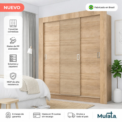 Ropero 3 Puertas Corredizas con Rieles Metálicos, Estantes y Zapatero – 205x170x47 cm - Carvalho Ropero 3 Puertas Corredizas con Rieles Metálicos, Estantes y Zapatero – 205x170x47 cm - Carvalho