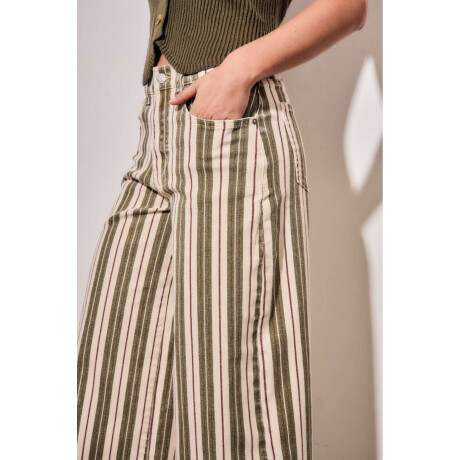 Jean Wide Leg Rayado Oliva Y Crema