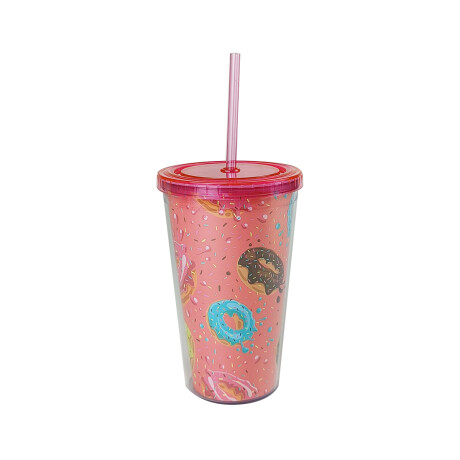 Vaso Infantil Con Sorbito Y Tapa Donas Rosado