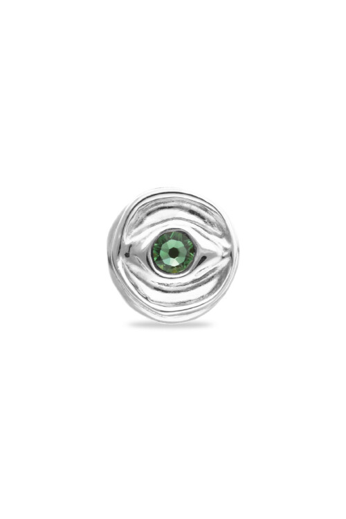 ANILLO TIPO SELLO EN ALEACIÓN DE METALES BAÑADO EN PLATA DE LEY EN FORMA DE OJO CON CRISTAL FACETADO VERDE Anillo