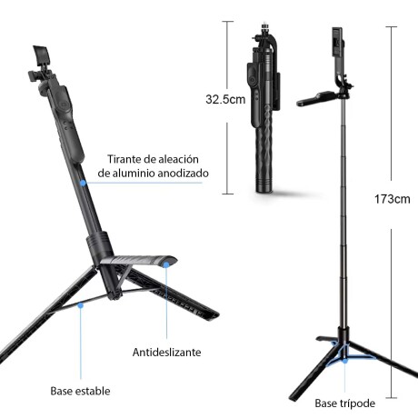 Palo Selfie Inalámbrico Bluetooth Trípode Extensible 1.73Mt Negro