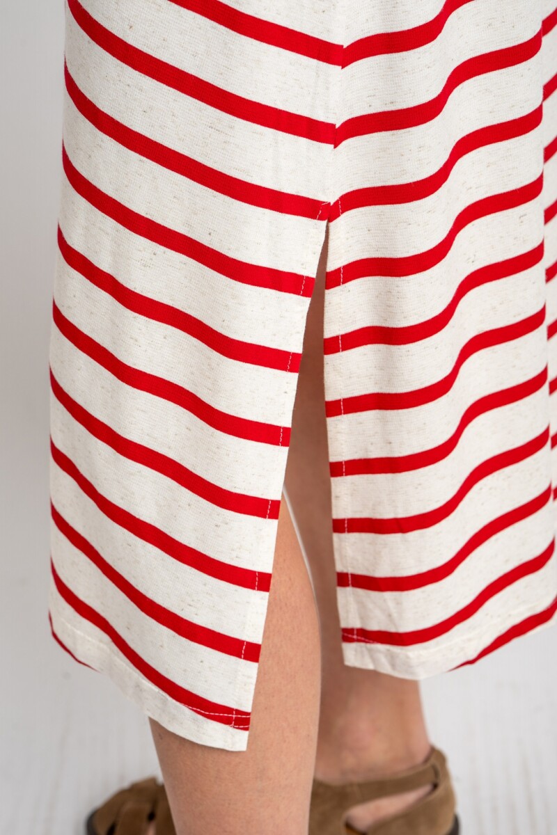 Vestido Rayas Con Lino Rojo